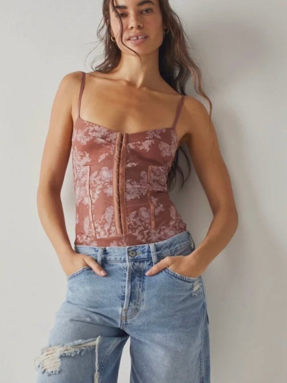 Free People Dusty Rose Floral Satin Corset Bodysuit